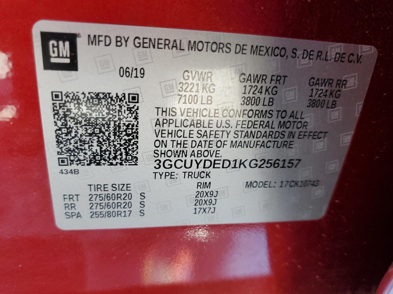 3GCUYDED1KG256157 2019 Chevrolet Silverado K1500 Lt