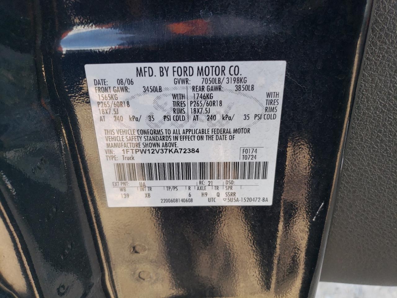 2007 Ford F150 Supercrew VIN: 1FTPW12V37KA72384 Lot: 62842234