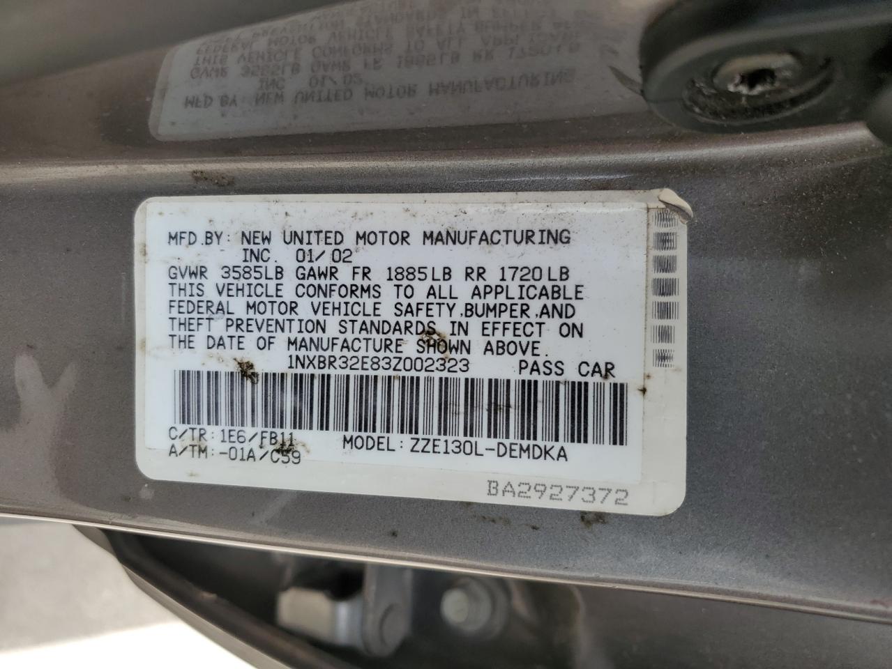 2003 Toyota Corolla Ce VIN: 1NXBR32E83Z002323 Lot: 64079084