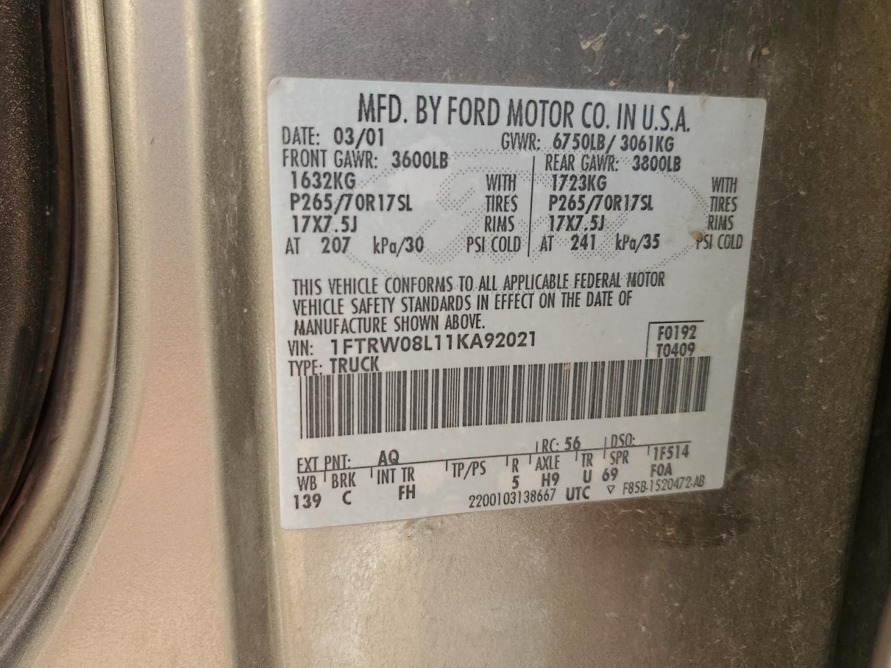 2001 Ford F150 Supercrew VIN: 1FTRW08L11KA92021 Lot: 62563354