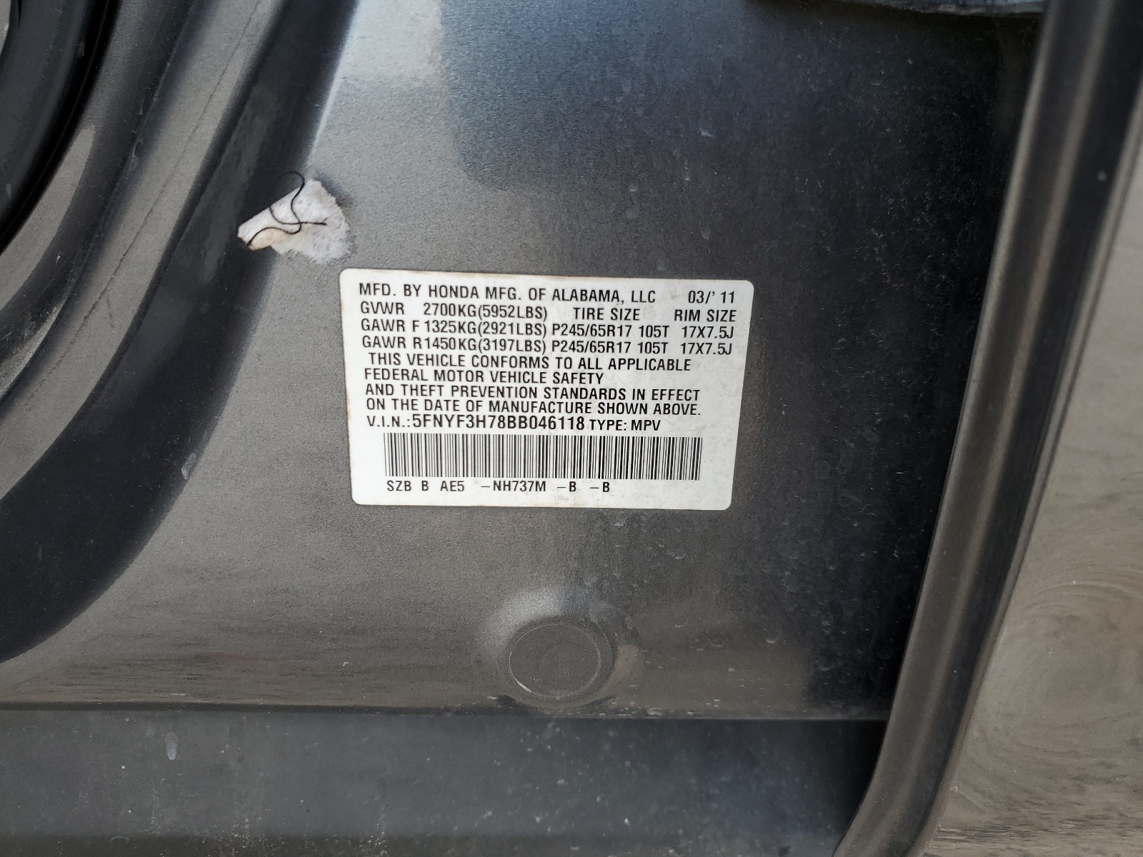 5FNYF3H78BB046118 2011 Honda Pilot Exln