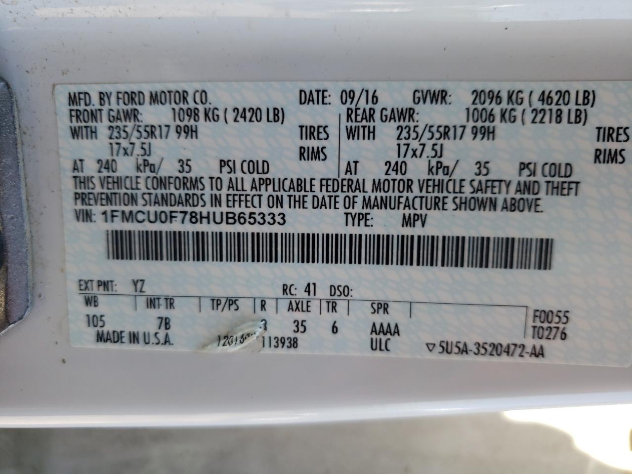 2017 Ford Escape S VIN: 1FMCU0F78HUB65333 Lot: 57452174