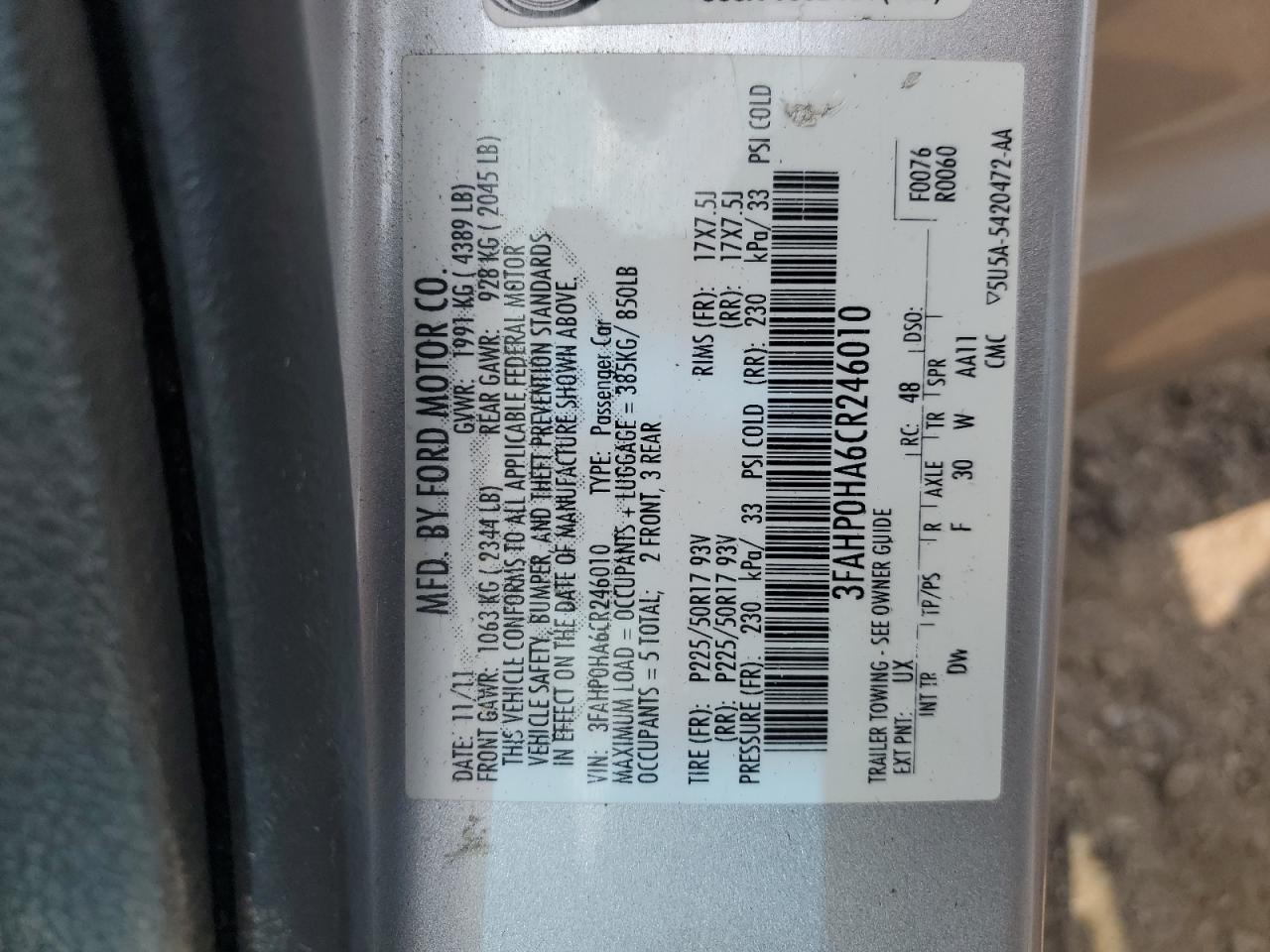 2012 Ford Fusion Se VIN: 3FAHP0HA6CR246010 Lot: 65015784