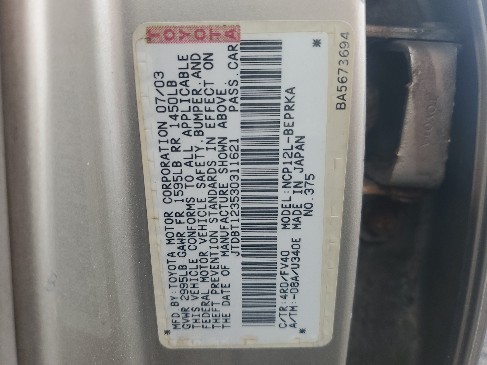 JTDBT123530311621 2003 Toyota Echo