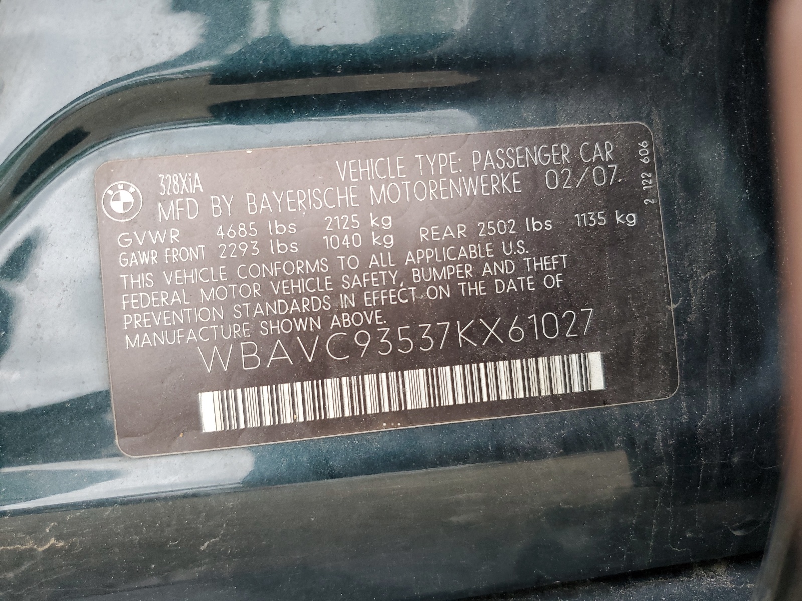 WBAVC93537KX61027 2007 BMW 328 Xi