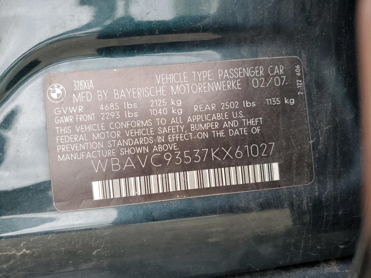 2007 BMW 328 Xi VIN: WBAVC93537KX61027 Lot: 62866834