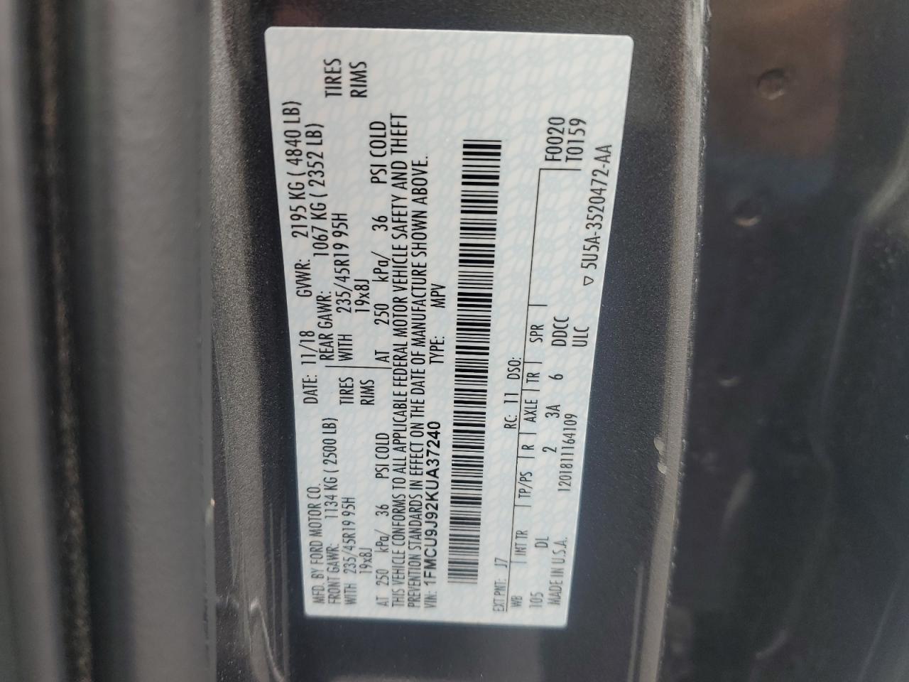 2019 Ford Escape Titanium VIN: 1FMCU9J92KUA37240 Lot: 65297724