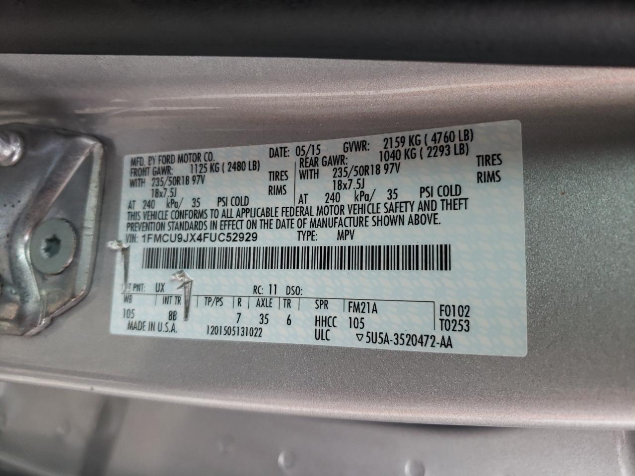 2015 Ford Escape Titanium VIN: 1FMCU9JX4FUC52929 Lot: 64658474