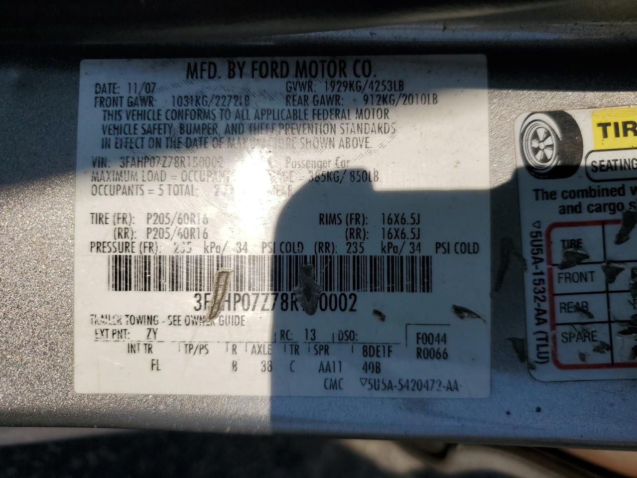 2008 Ford Fusion Se VIN: 3FAHP07Z78R180002 Lot: 63609564