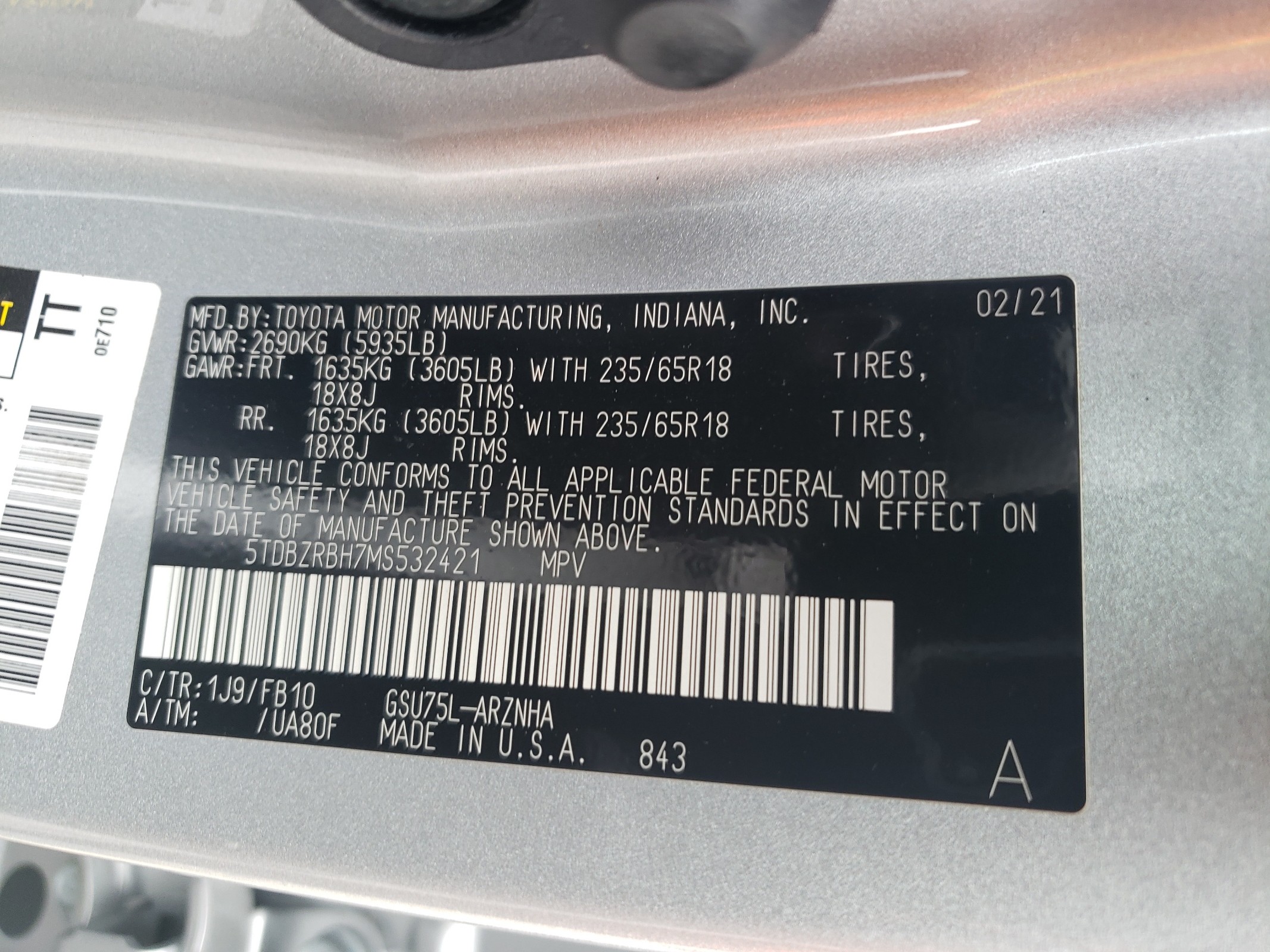 5TDBZRBH7MS532421 2021 Toyota Highlander L