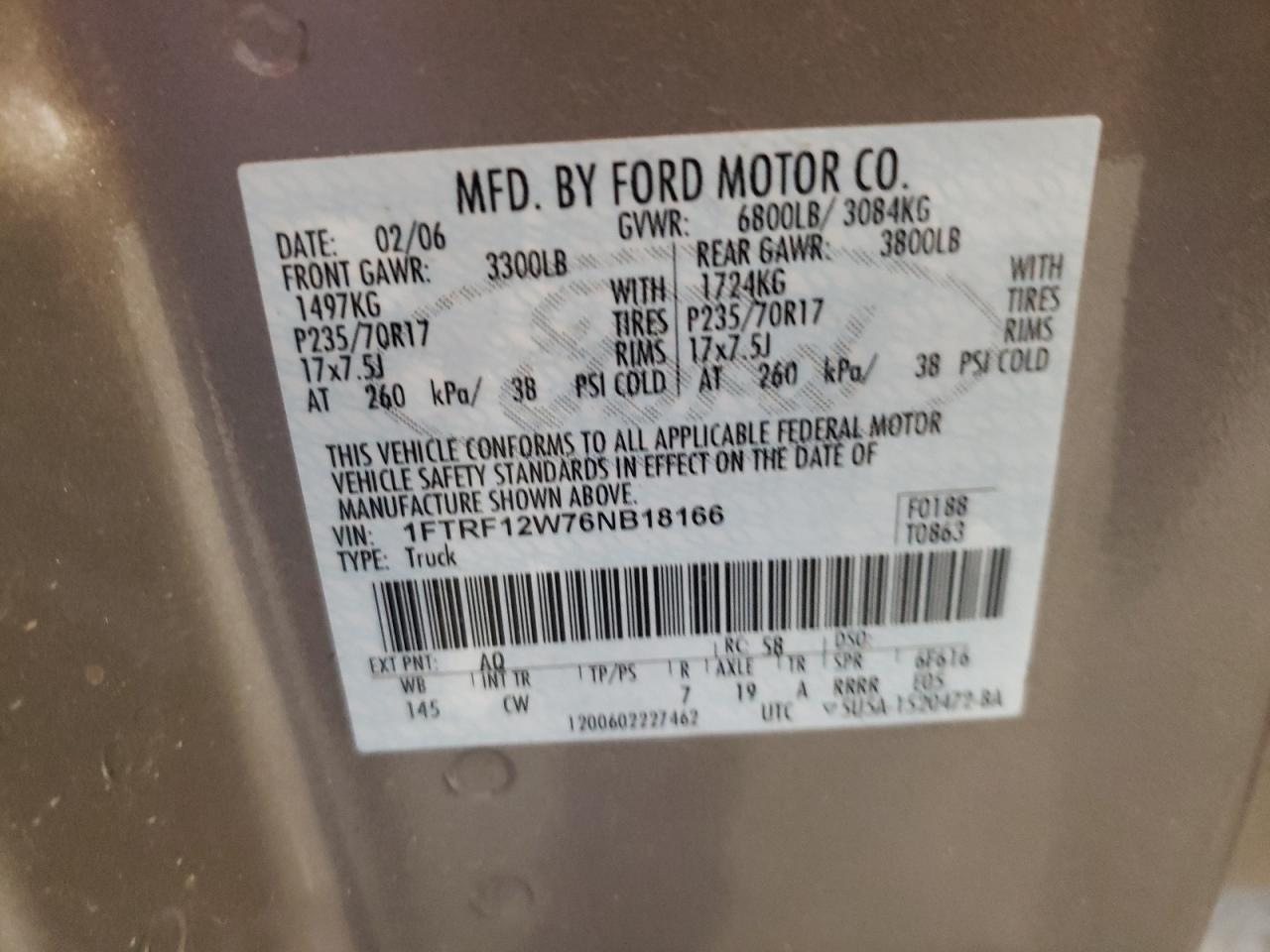 2006 Ford F150 VIN: 1FTRF12W76NB18166 Lot: 61420244