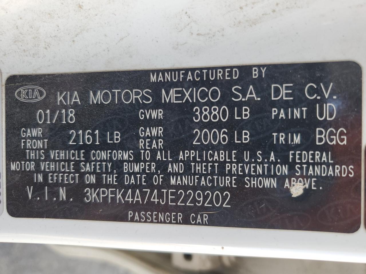 3KPFK4A74JE229202 2018 Kia Forte Lx