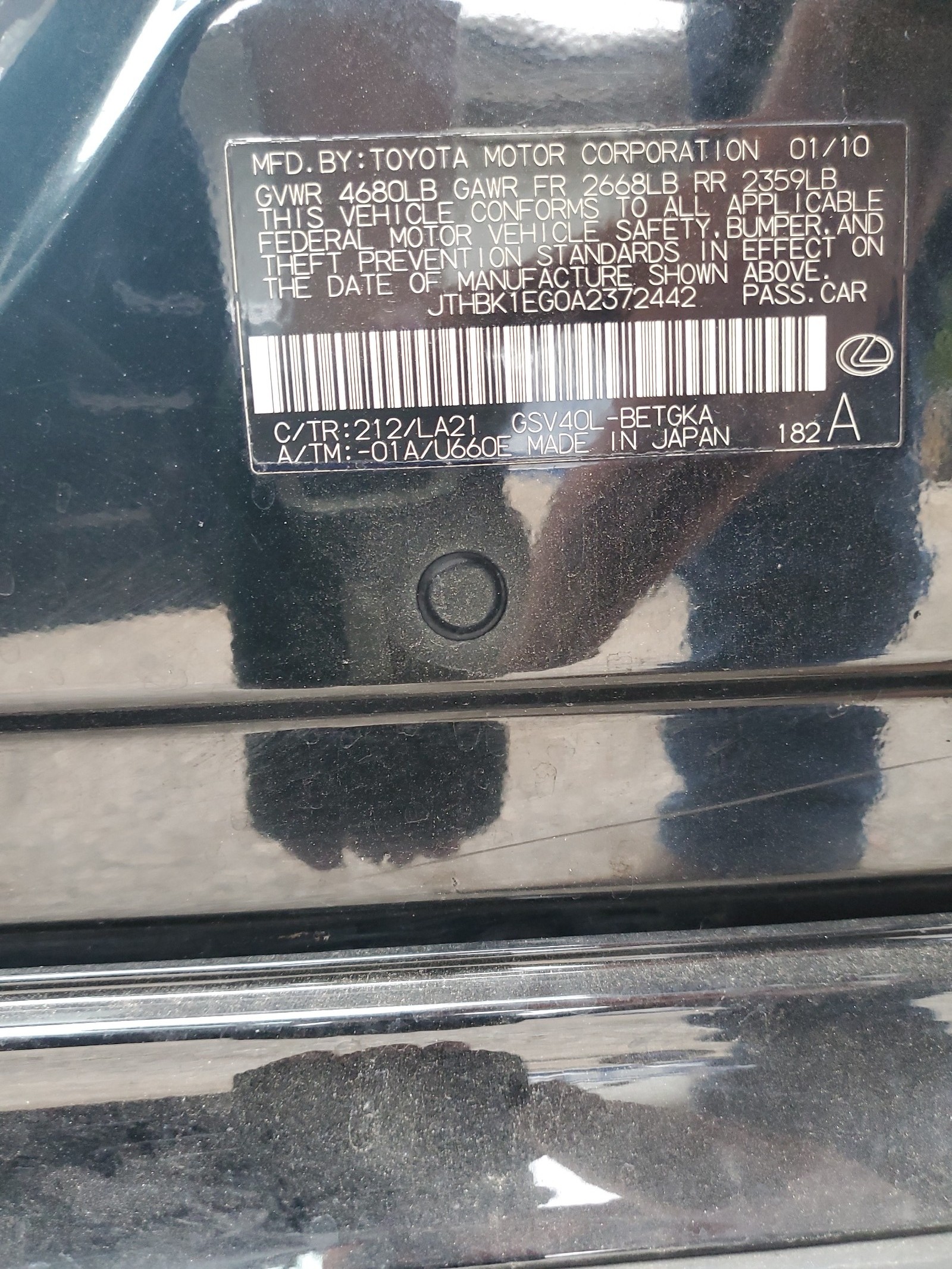 JTHBK1EG0A2372442 2010 Lexus Es 350