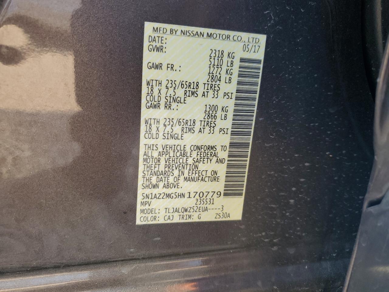 2017 Nissan Murano S VIN: 5N1AZ2MG5HN170779 Lot: 62627524