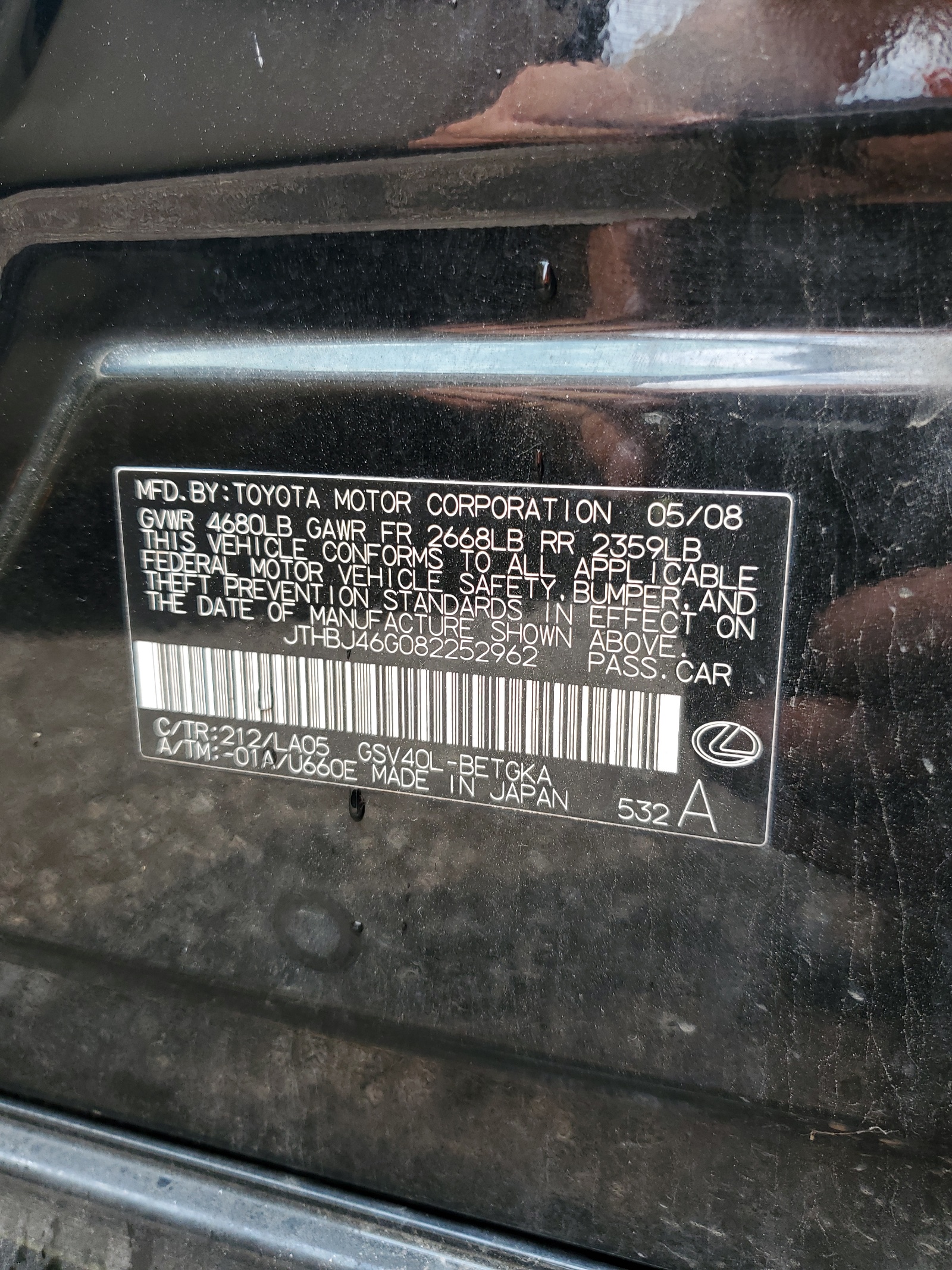 JTHBJ46G082252962 2008 Lexus Es 350