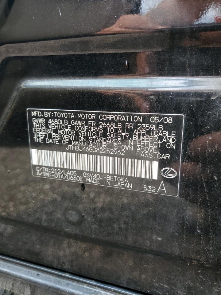 2008 Lexus Es 350 VIN: JTHBJ46G082252962 Lot: 64316684