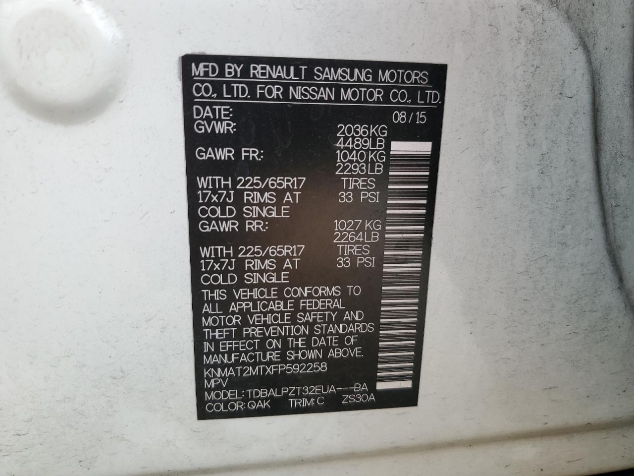 2015 Nissan Rogue S VIN: KNMAT2MTXFP592258 Lot: 61528044