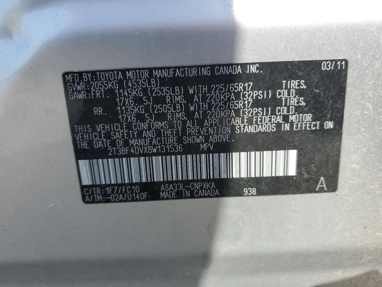 2011 Toyota Rav4 VIN: 2T3BF4DVXBW131536 Lot: 63444644