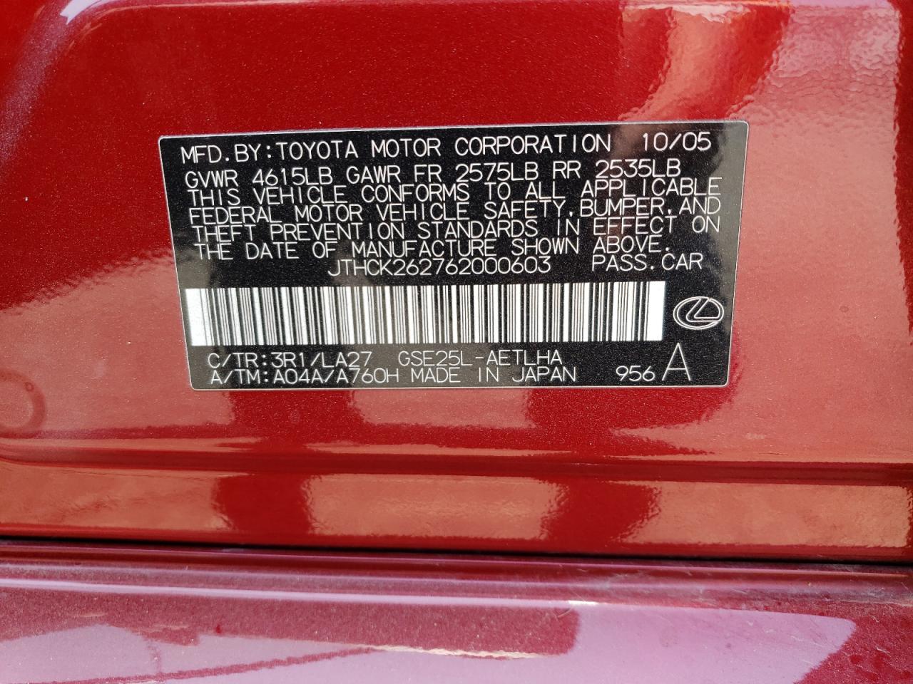 2006 Lexus Is 250 VIN: JTHCK262762000603 Lot: 62304614