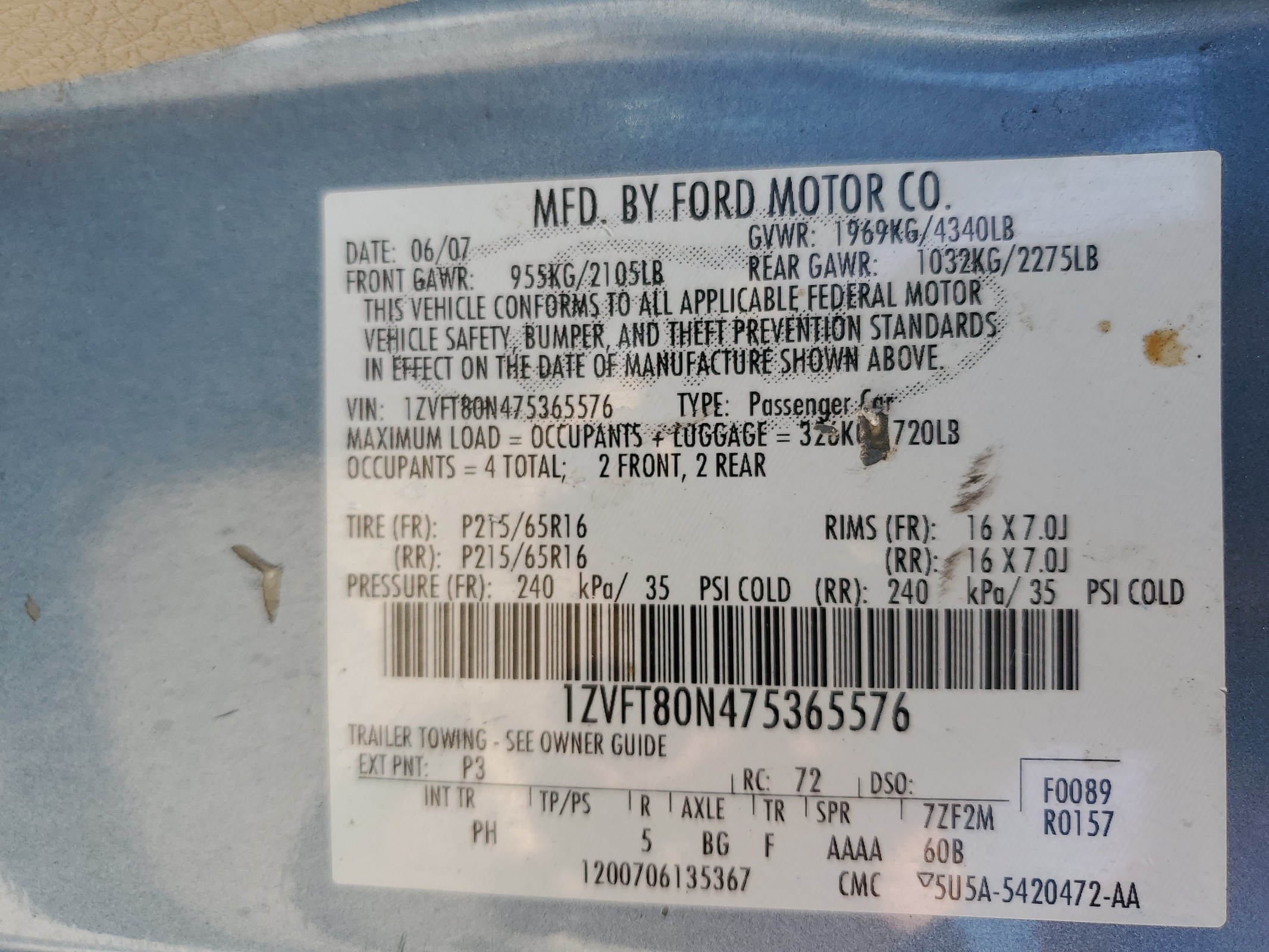 1ZVFT80N475365576 2007 Ford Mustang