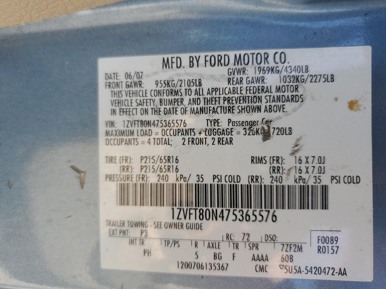 2007 Ford Mustang VIN: 1ZVFT80N475365576 Lot: 64521014