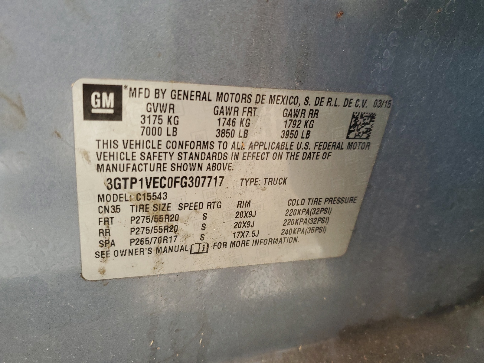 3GTP1VEC0FG307717 2015 GMC Sierra C1500 Slt