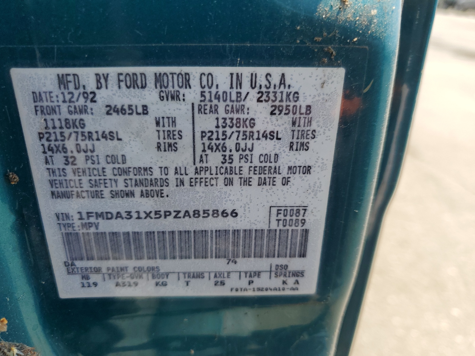 1FMDA31X5PZA85866 1993 Ford Aerostar