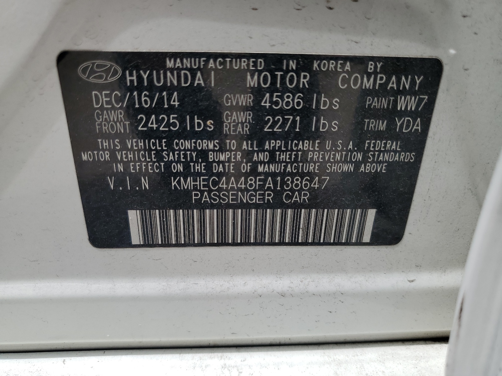 KMHEC4A48FA138647 2015 Hyundai Sonata Hybrid