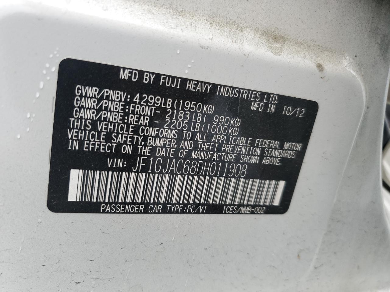 2013 Subaru Impreza Premium VIN: JF1GJAC68DH011908 Lot: 64566844