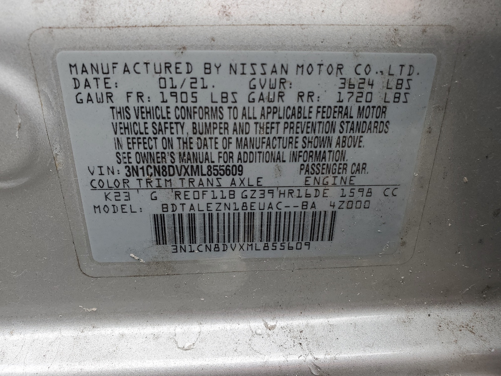 3N1CN8DVXML855609 2021 Nissan Versa S