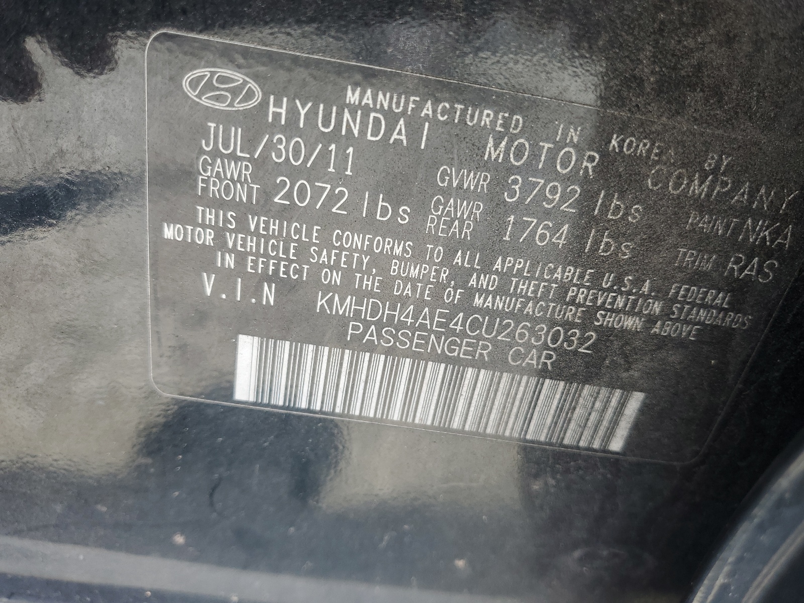 KMHDH4AE4CU263032 2012 Hyundai Elantra Gls