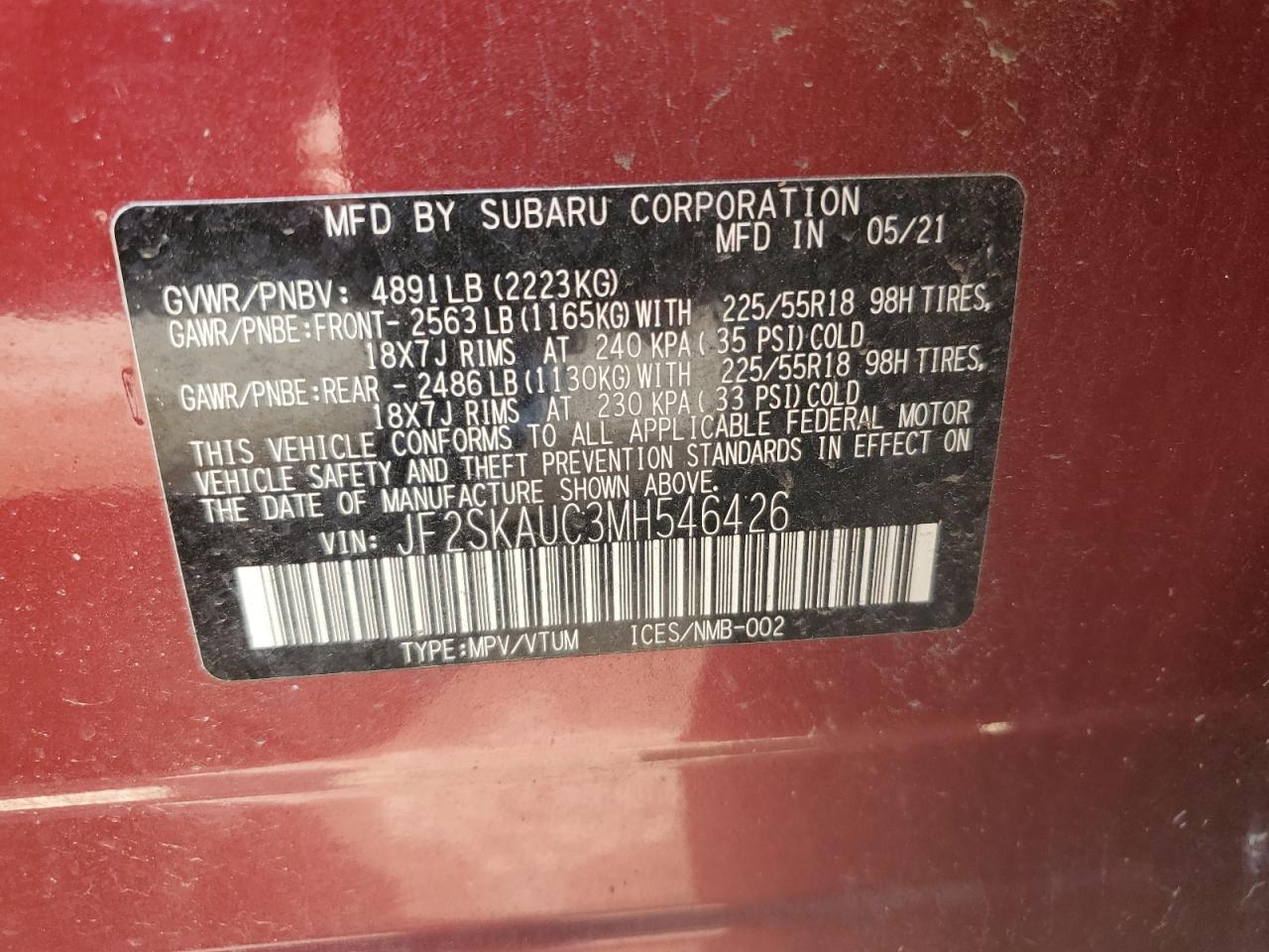 2021 Subaru Forester Limited VIN: JF2SKAUC3MH546426 Lot: 64701244