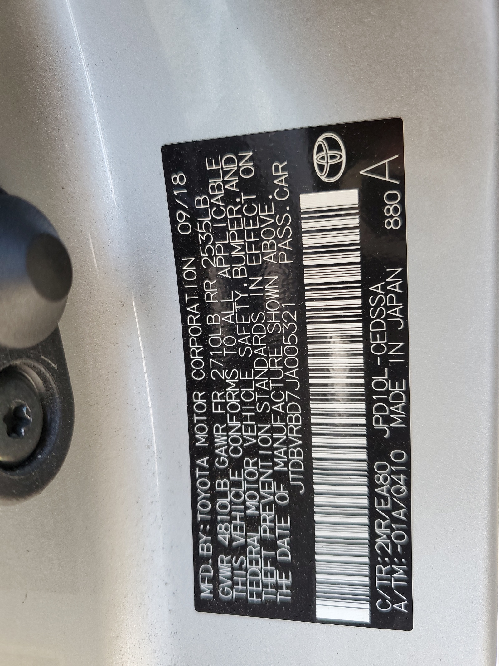 JTDBVRBD7JA005321 2018 Toyota Mirai