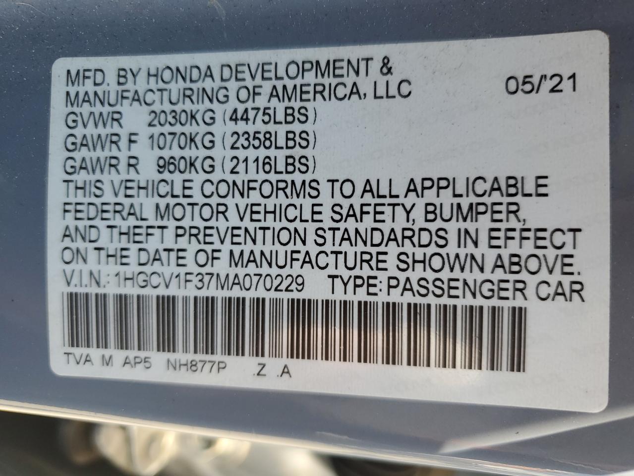 2021 Honda Accord Sport VIN: 1HGCV1F37MA070229 Lot: 63325884