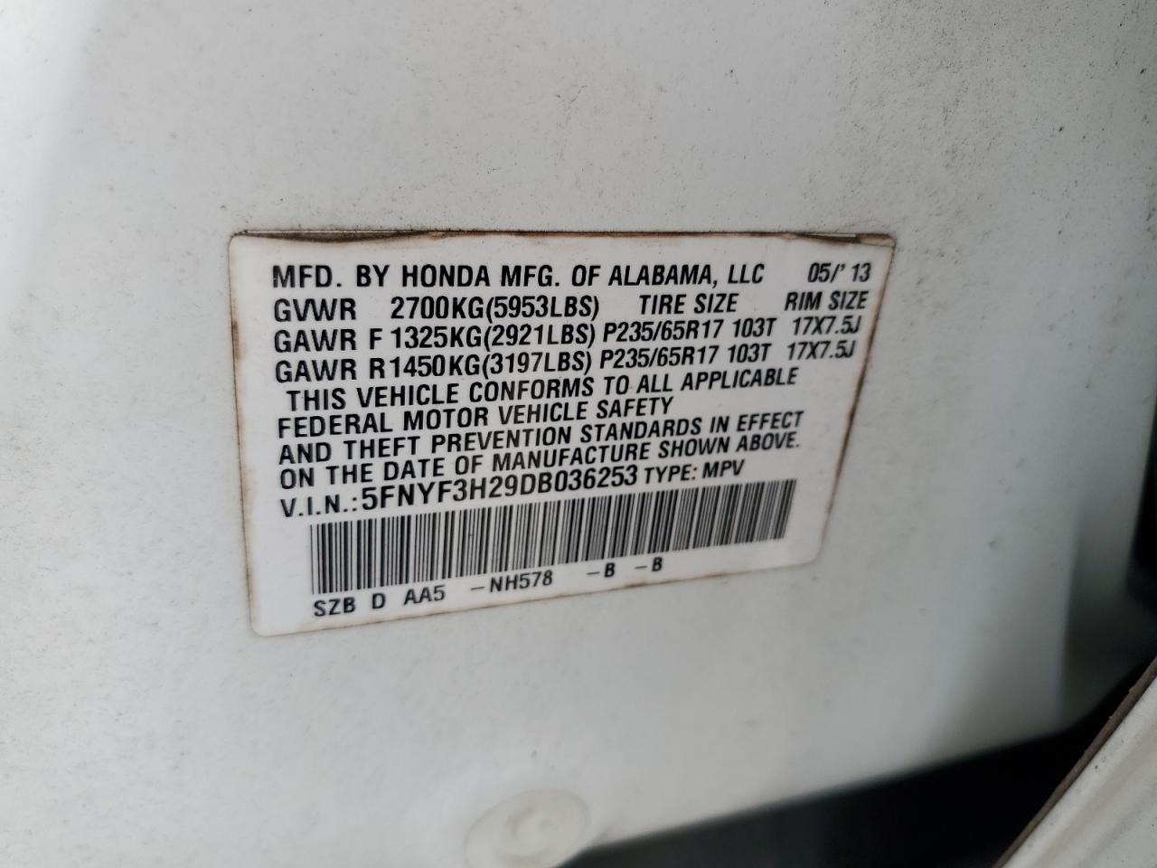 2013 Honda Pilot Lx VIN: 5FNYF3H29DB036253 Lot: 65664104