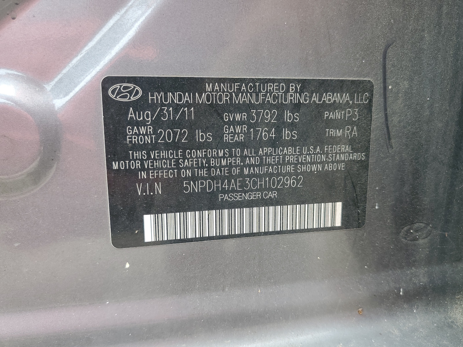 5NPDH4AE3CH102962 2012 Hyundai Elantra Gls