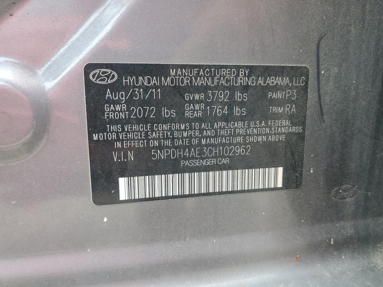 2012 Hyundai Elantra Gls VIN: 5NPDH4AE3CH102962 Lot: 61719424