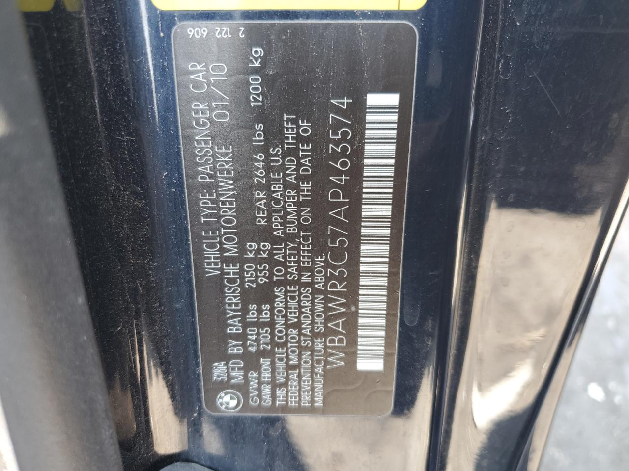 2010 BMW 328 I Sulev VIN: WBAWR3C57AP463574 Lot: 62639554