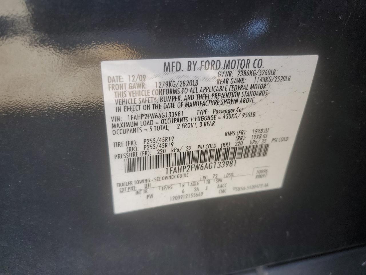 2010 Ford Taurus Limited VIN: 1FAHP2FW6AG133981 Lot: 61737804