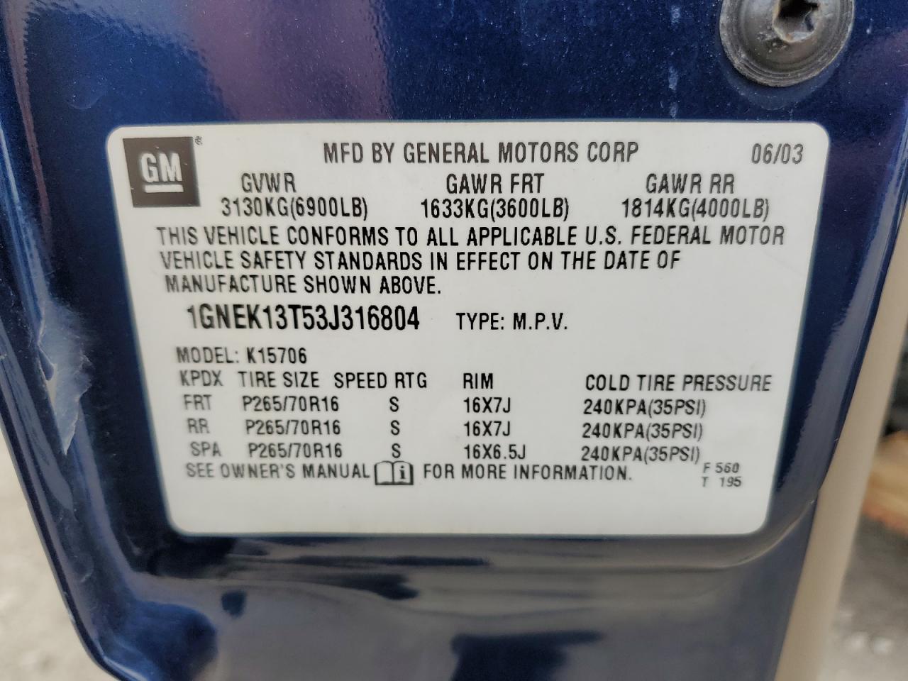 2003 Chevrolet Tahoe K1500 VIN: 1GNEK13T53J316804 Lot: 65379514