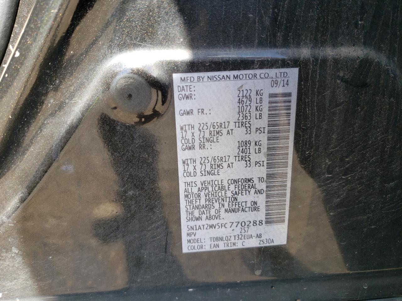 2015 Nissan Rogue S VIN: 5N1AT2MV5FC770288 Lot: 61110604