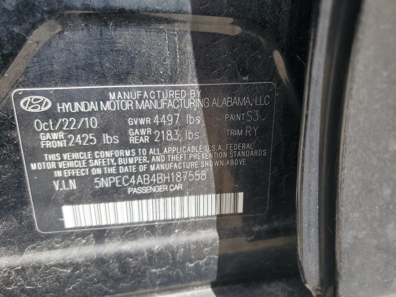 2011 Hyundai Sonata Se VIN: 5NPEC4AB4BH187558 Lot: 63844604