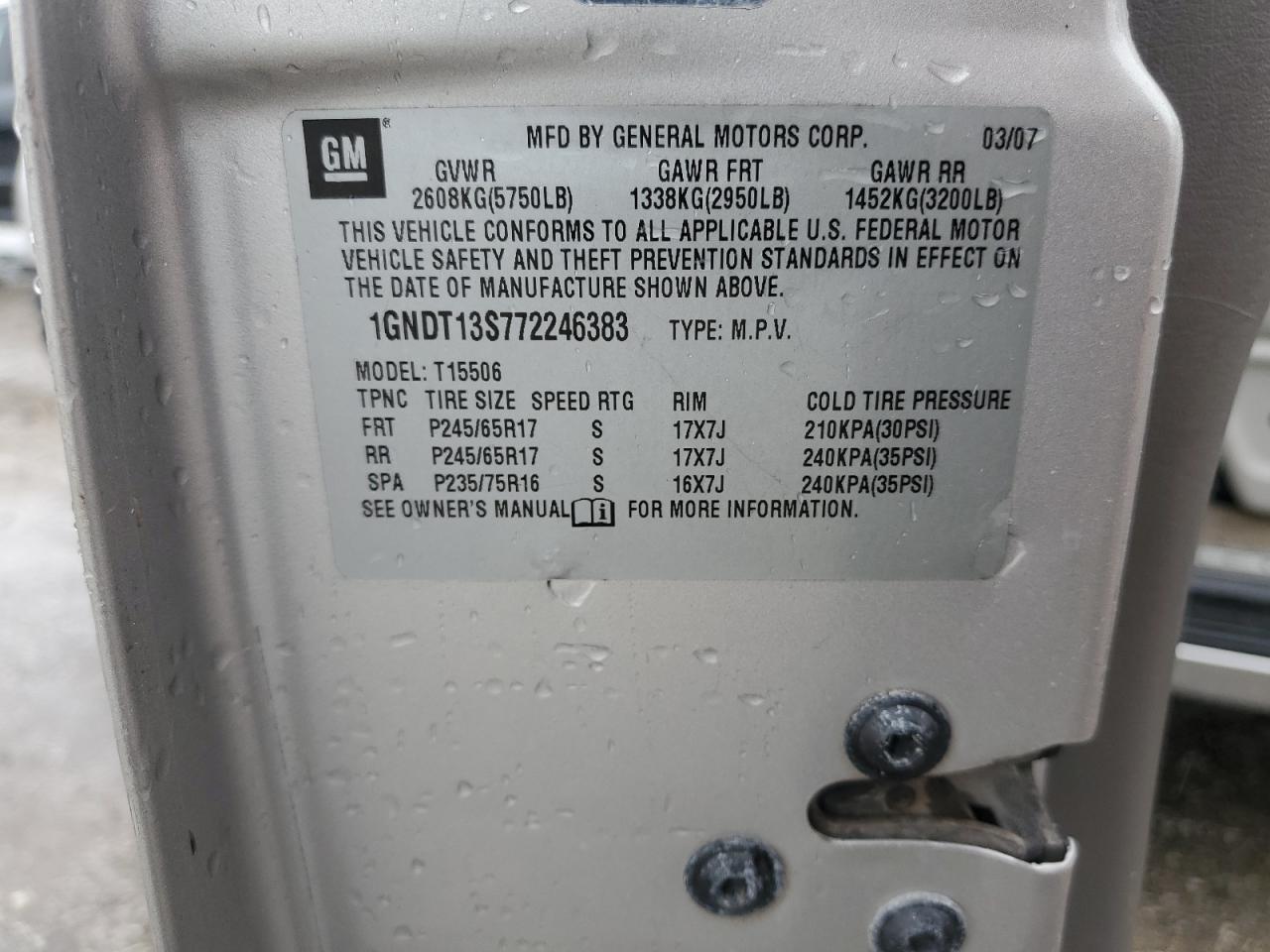 2007 Chevrolet Trailblazer Ls VIN: 1GNDT13S772246383 Lot: 61606784