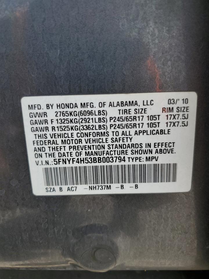 2011 Honda Pilot Exl VIN: 5FNYF4H53BB003794 Lot: 64378114