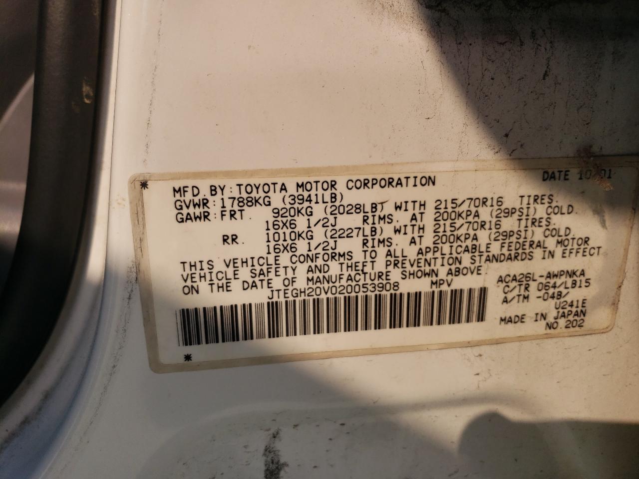 2002 Toyota Rav4 VIN: JTEGH20V020053908 Lot: 65380434