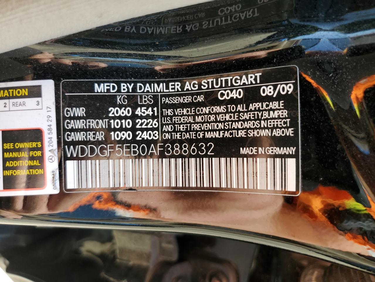 2010 Mercedes-Benz C 300 VIN: WDDGF5EB0AF388632 Lot: 59782004