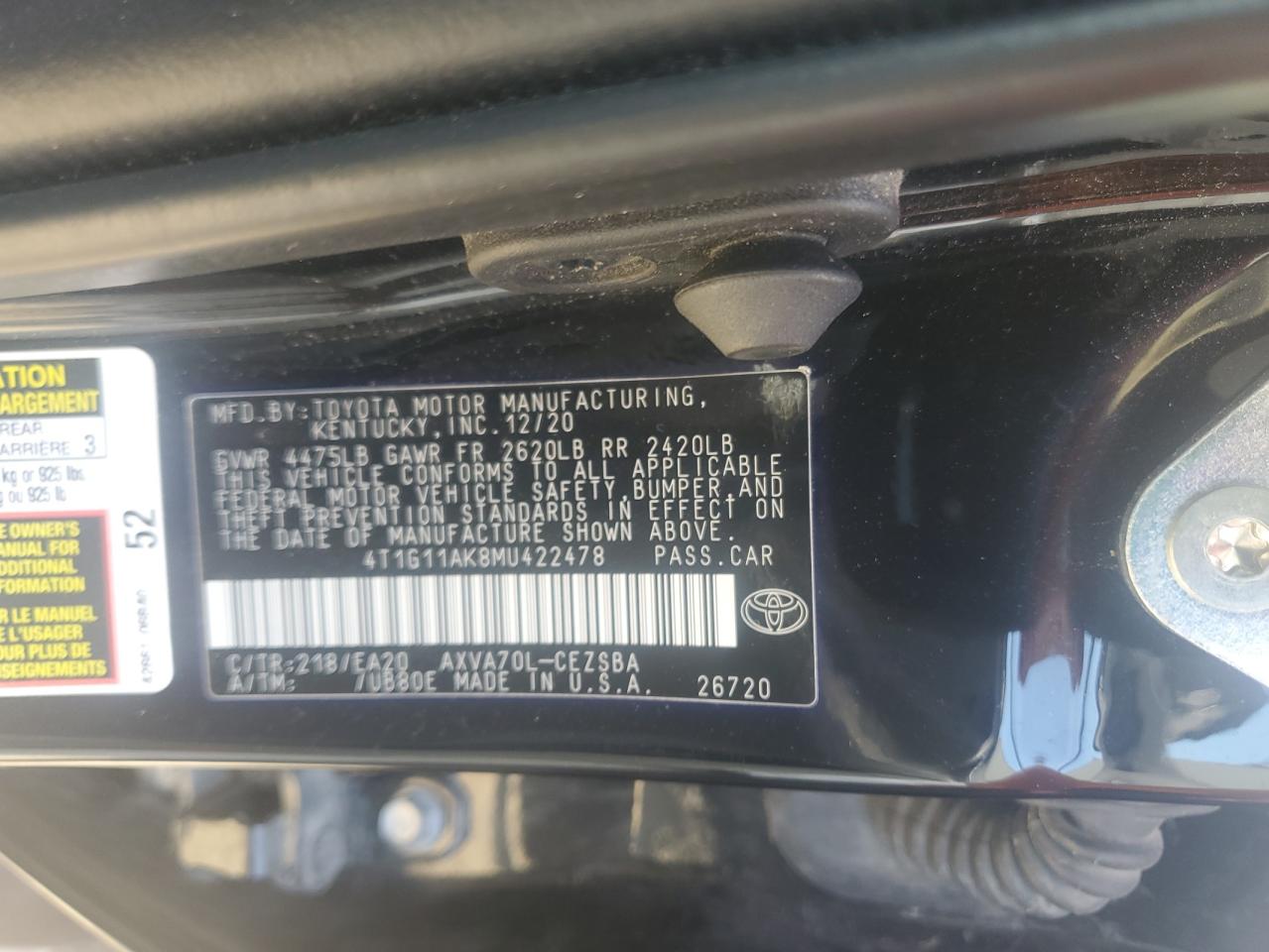 4T1G11AK8MU422478 2021 TOYOTA CAMRY - Image 12