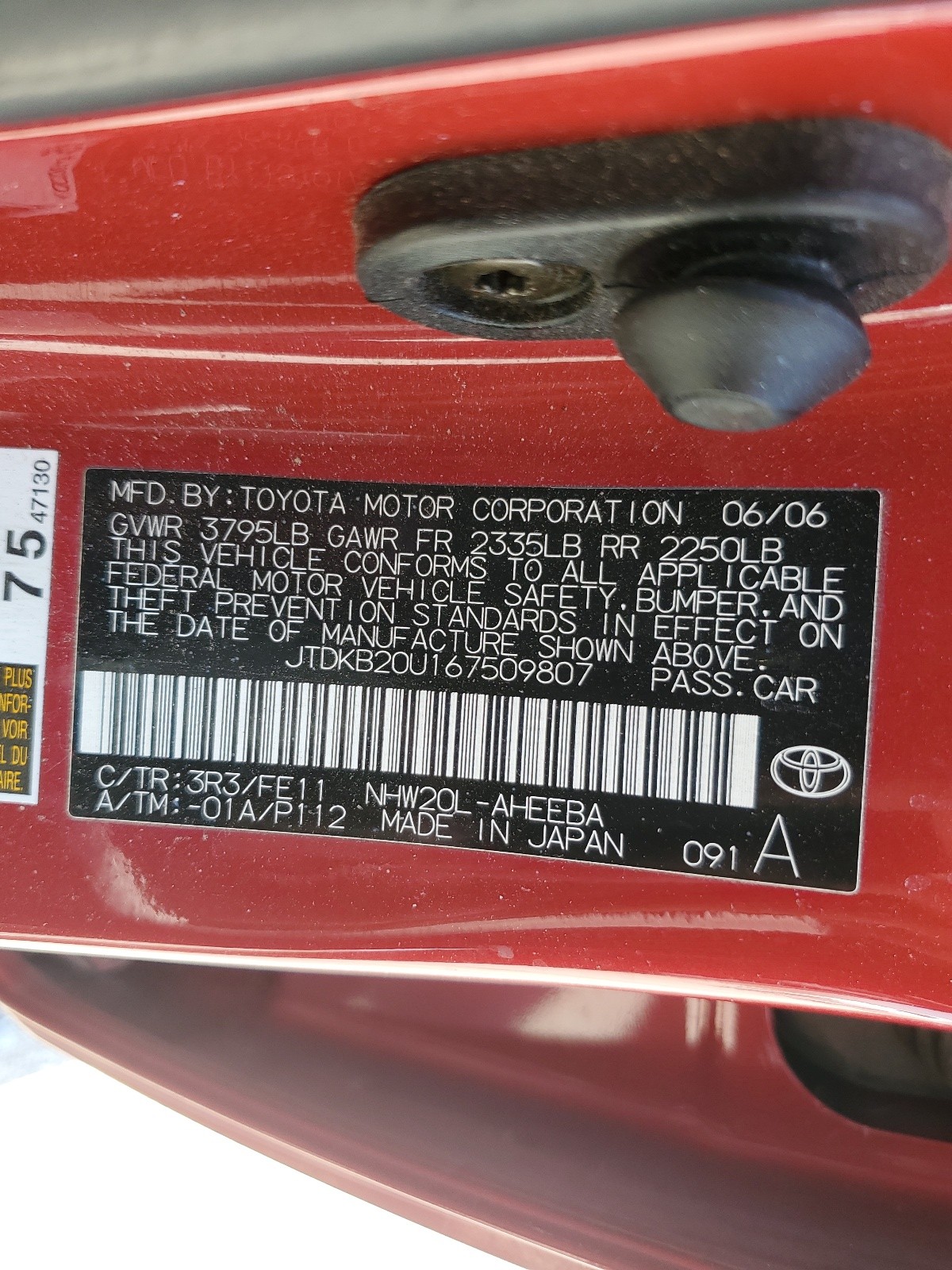 JTDKB20U167509807 2006 Toyota Prius