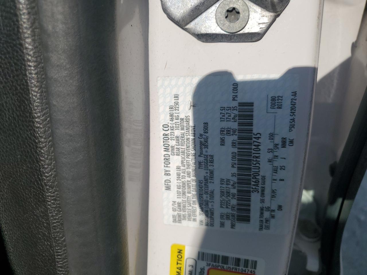 2015 Ford Fusion Se Hybrid VIN: 3FA6P0LU5FR104745 Lot: 63909794