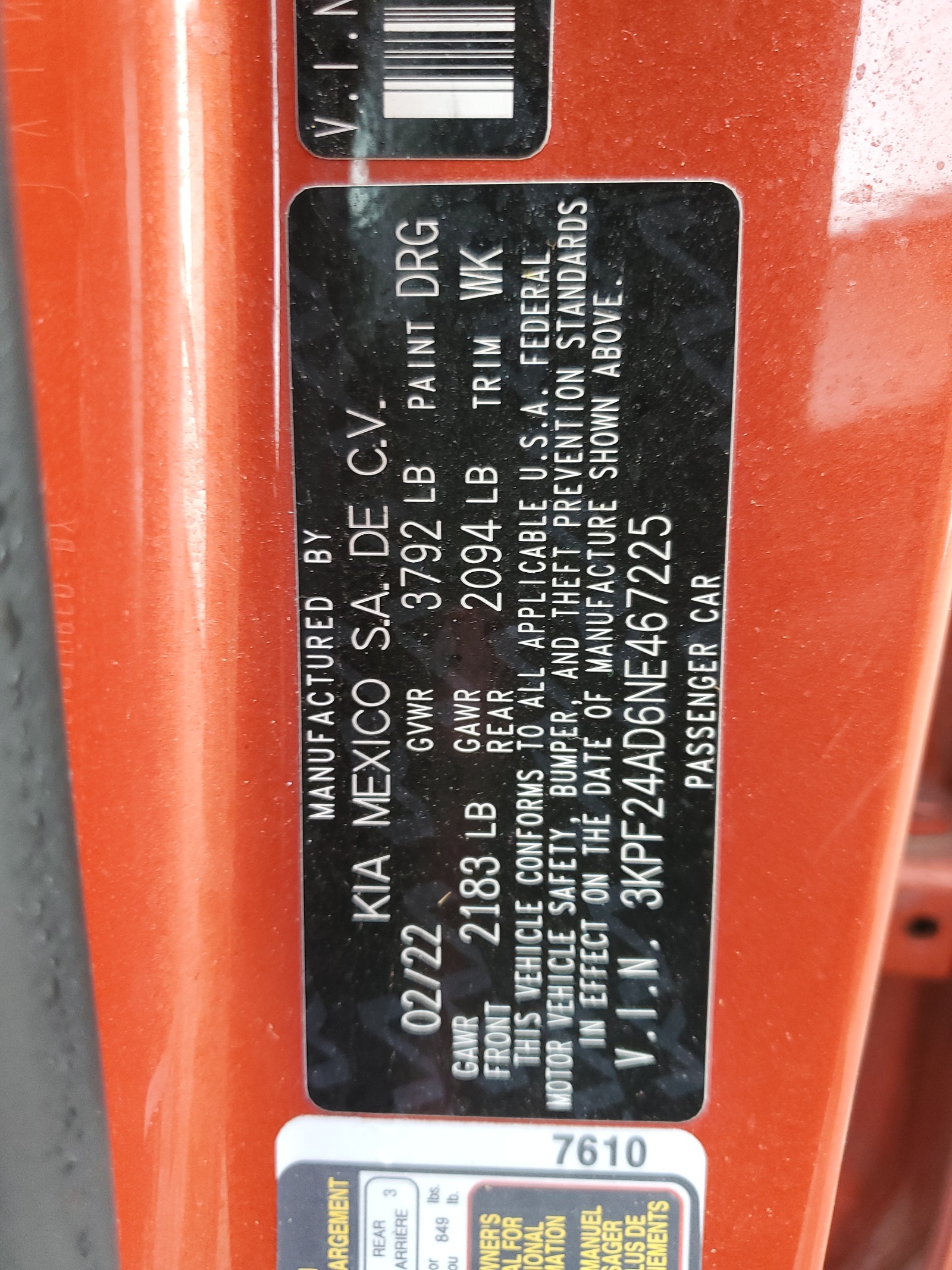 3KPF24AD6NE467225 2022 Kia Forte Fe